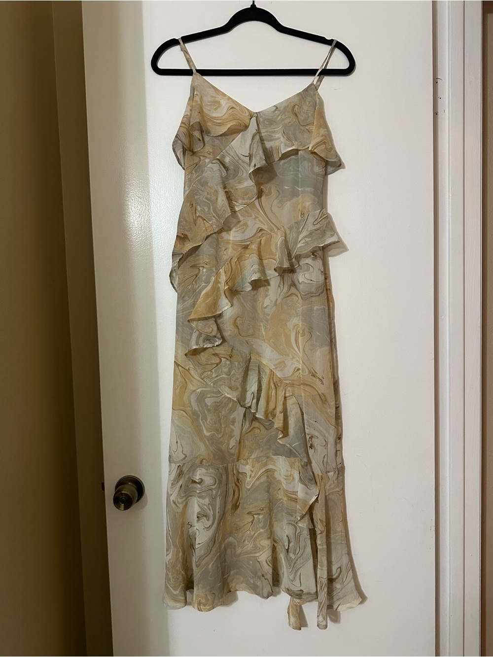 Blu Pepper Marble-Print Ruffle Maxi Dress in Beige and Cream